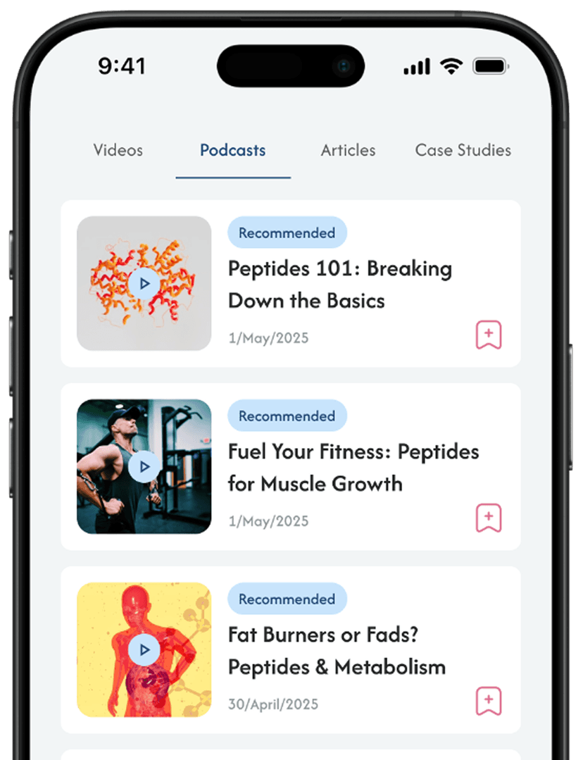 Peptide MD mobile app case study preview - Maze Digital Peptide MD case study app on phone - left view
